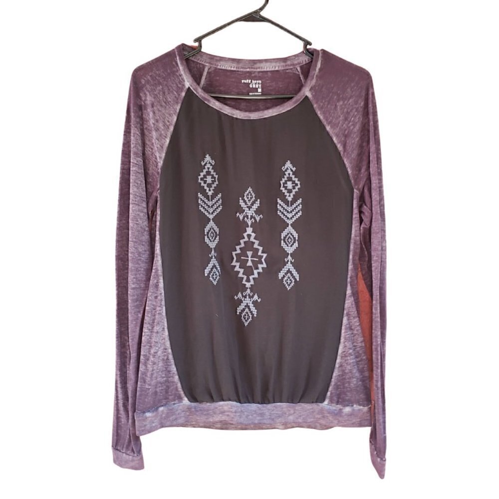 Ruff Hewn Embroidered Sheer Front Long Sleeve Top
